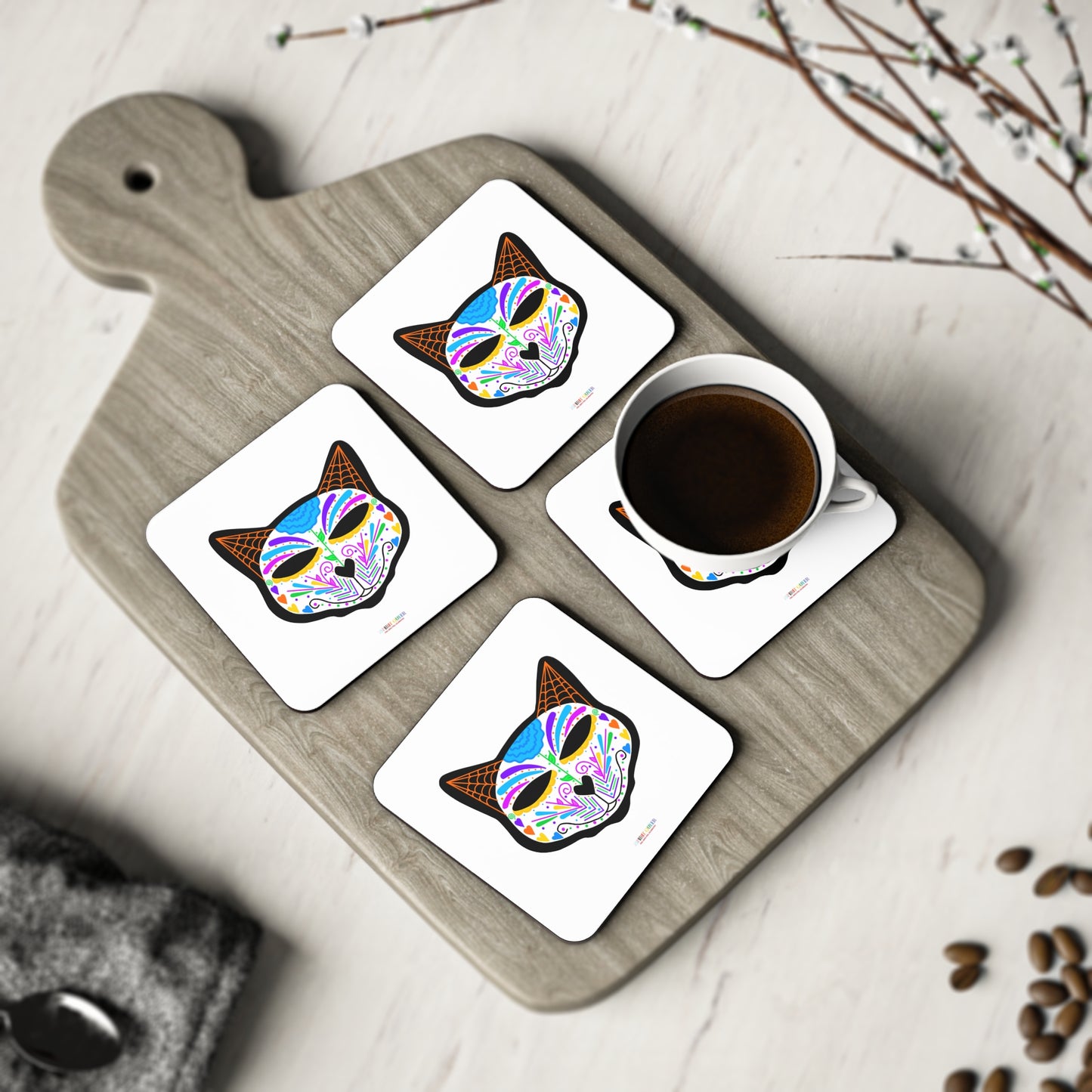 Dia de los Muertos Cat Head Coasters