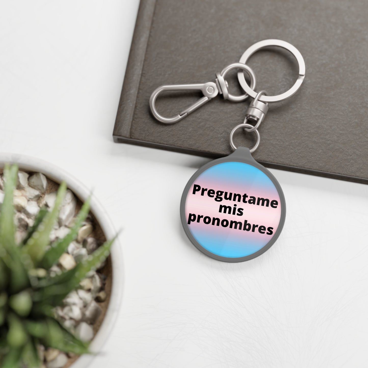 Preguntame mis Pronombres Trans Keyring Tag