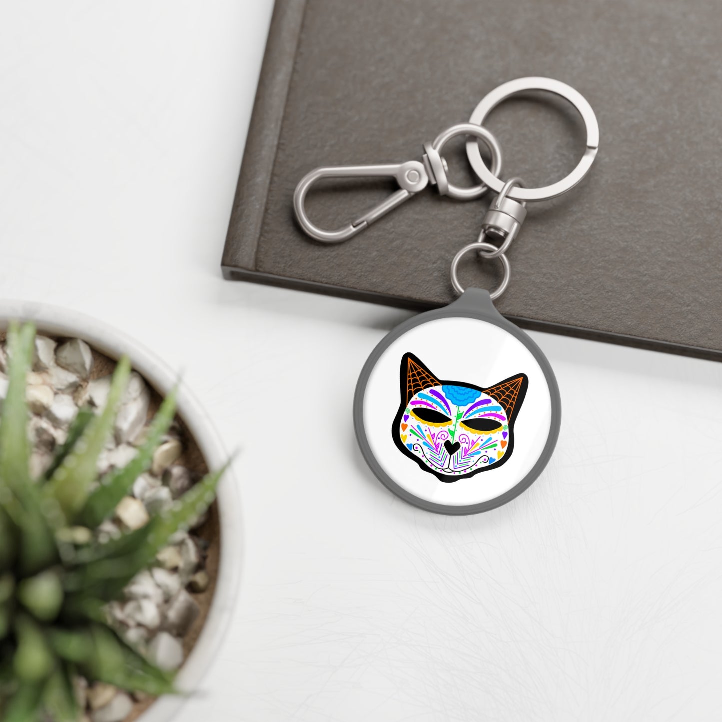 Dia de los Muertos Cat Head Keyring Tag
