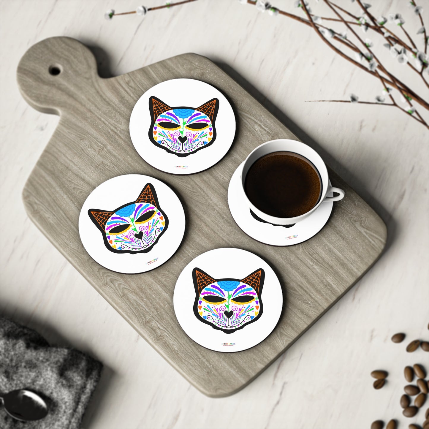 Dia de los Muertos Cat Head Coasters