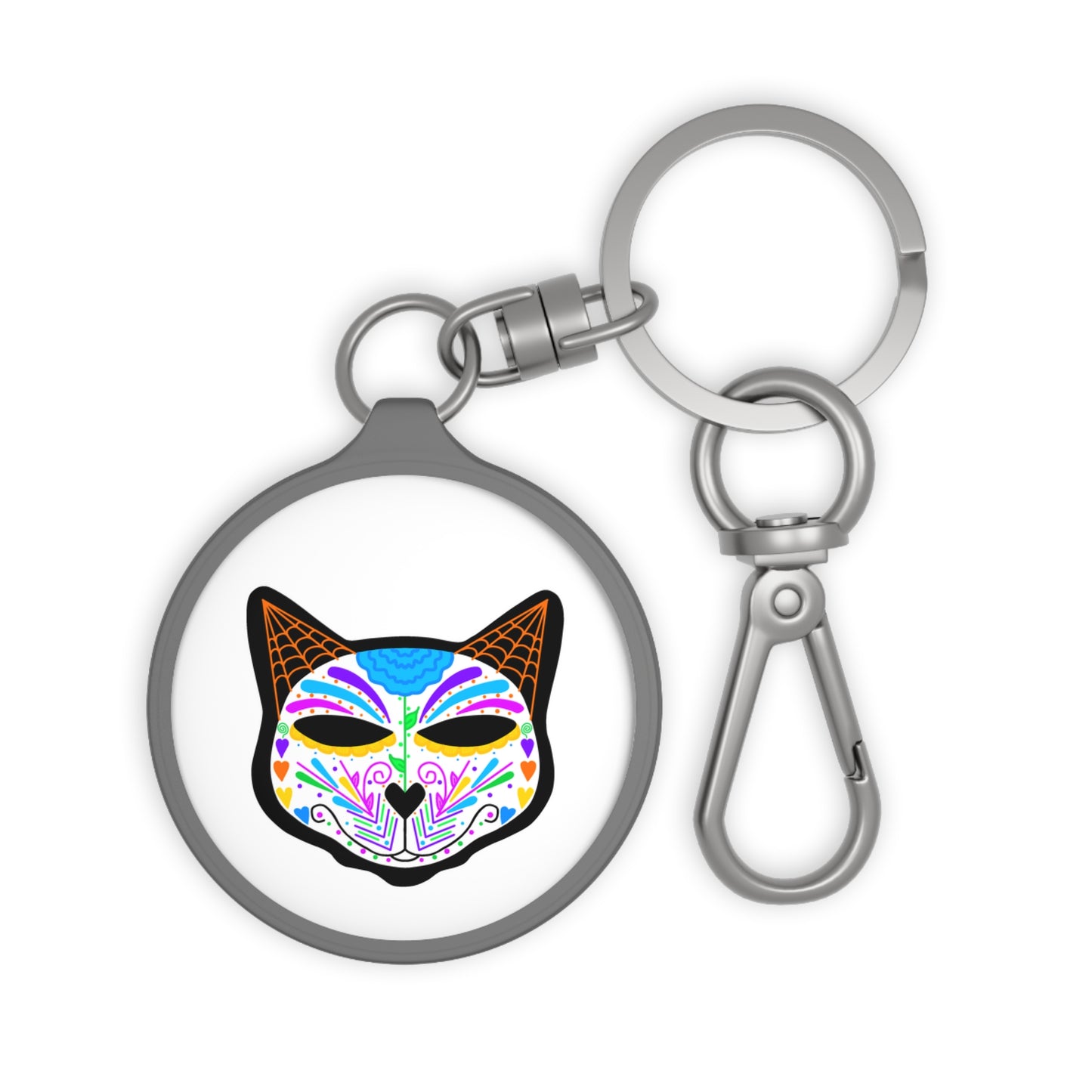 Dia de los Muertos Cat Head Keyring Tag