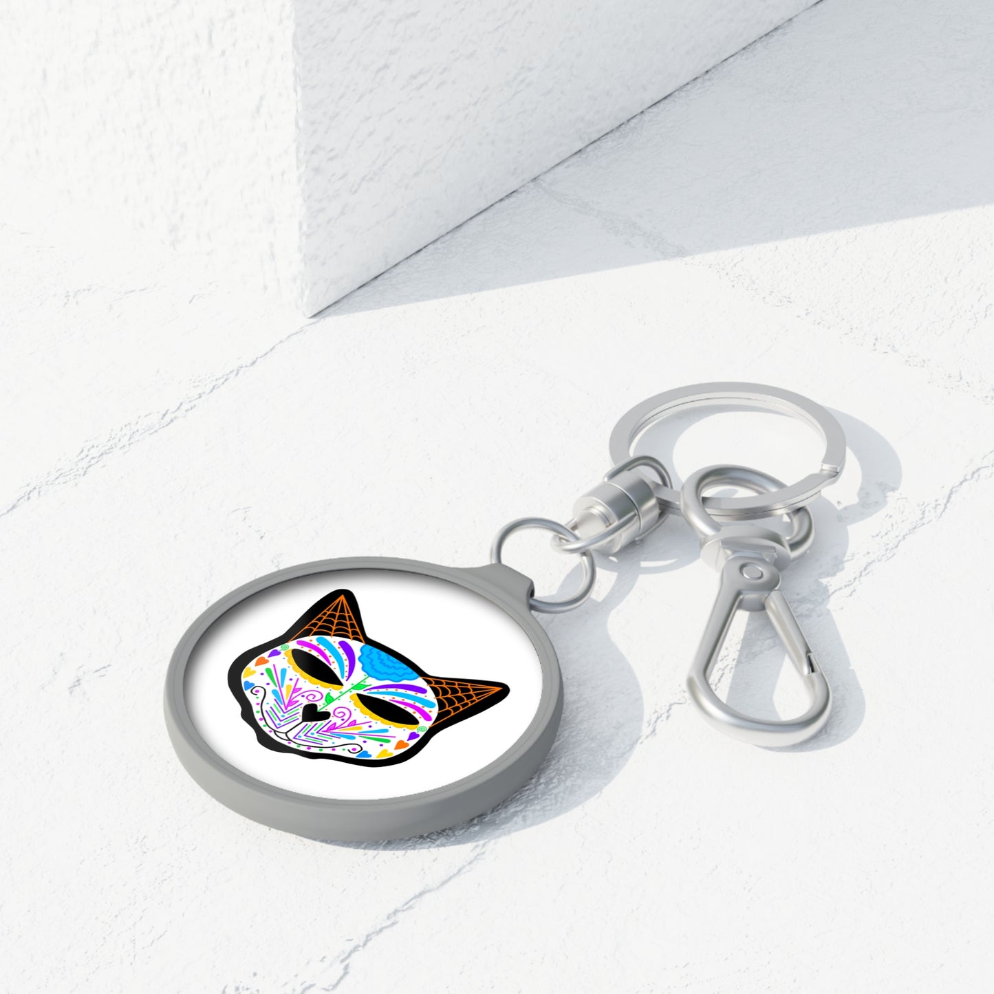 Dia de los Muertos Cat Head Keyring Tag